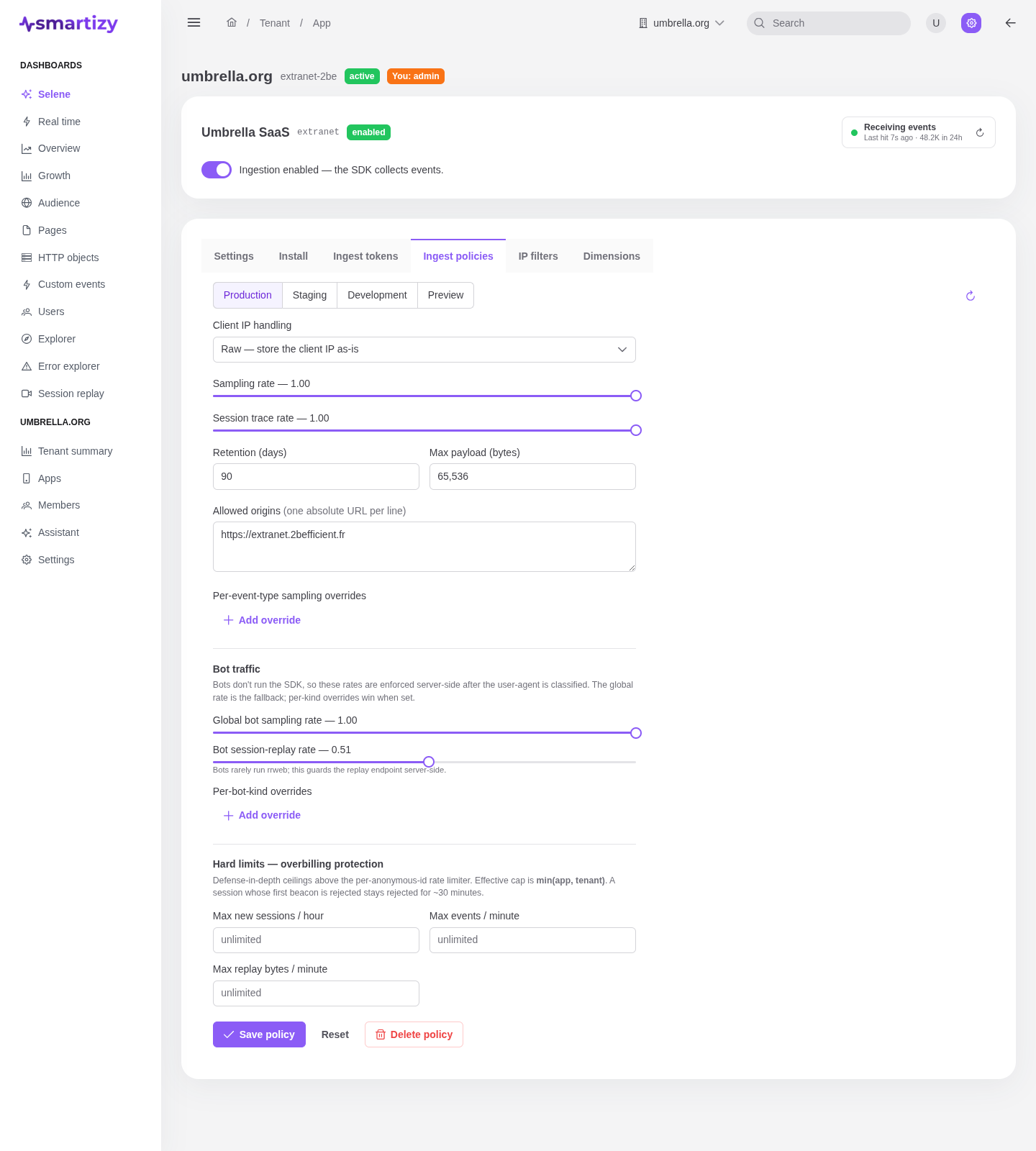 The Policies tab showing IP handling, retention and bot controls