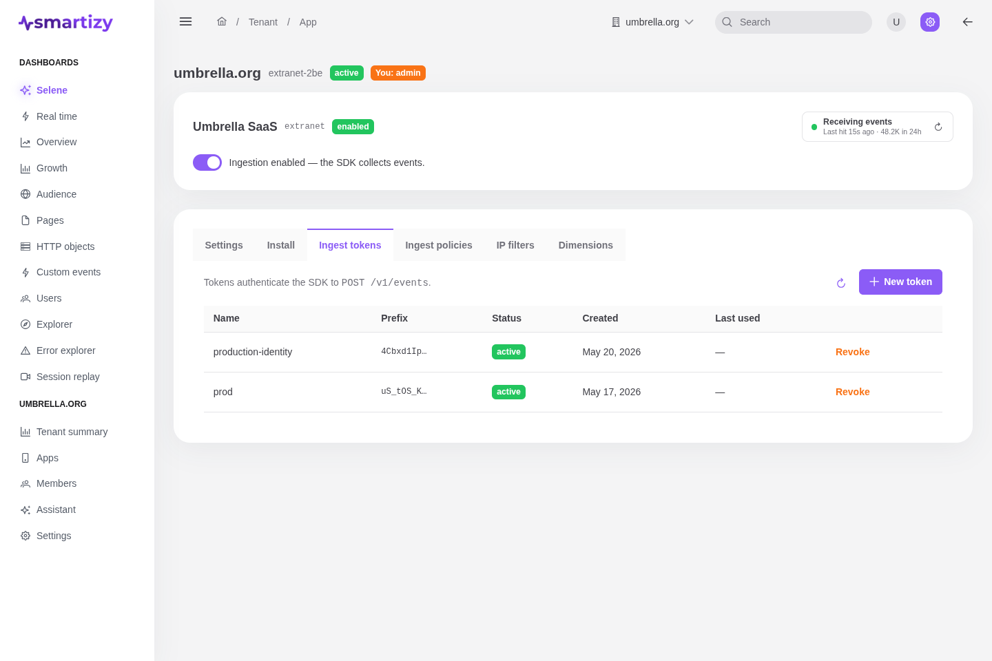 The Ingest tokens tab listing tokens by name, prefix, and status