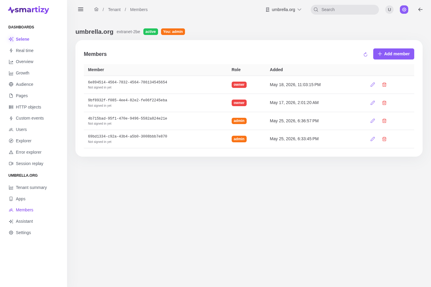 The Members page with the add-member dialog