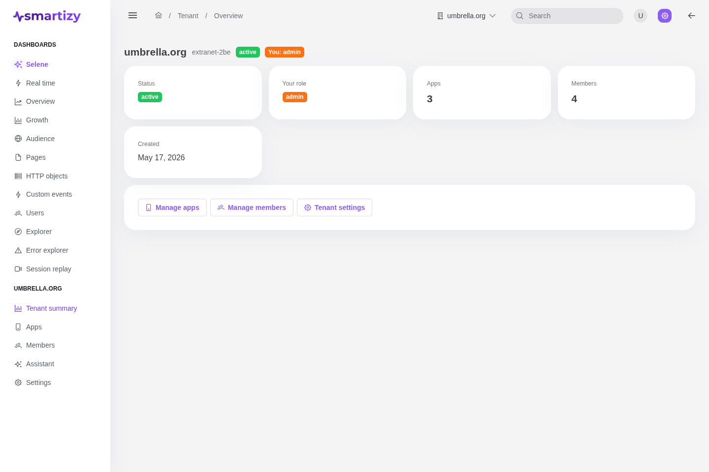 The tenant overview with status, role, app and member counts