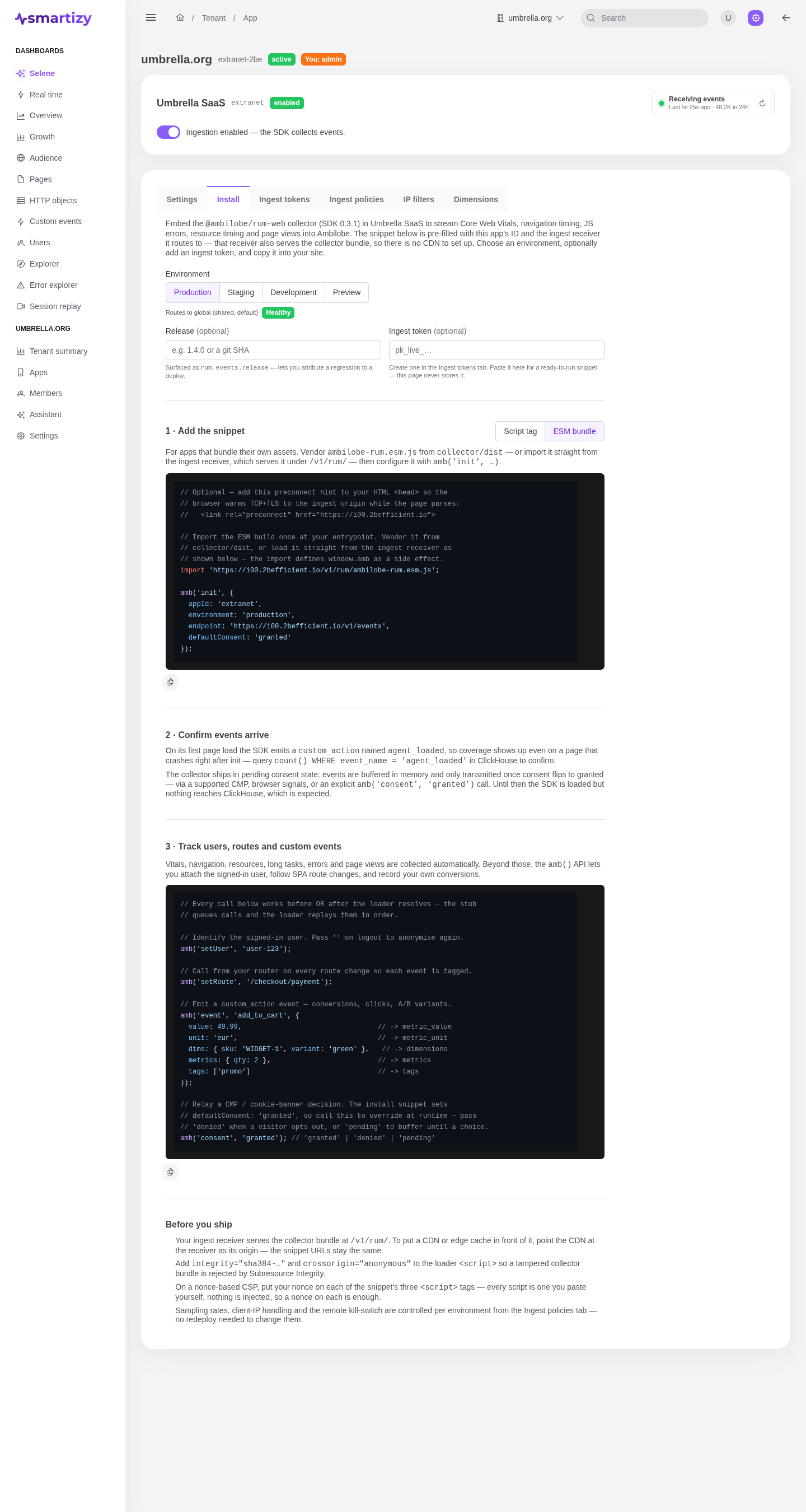 The Install tab showing the ESM snippet