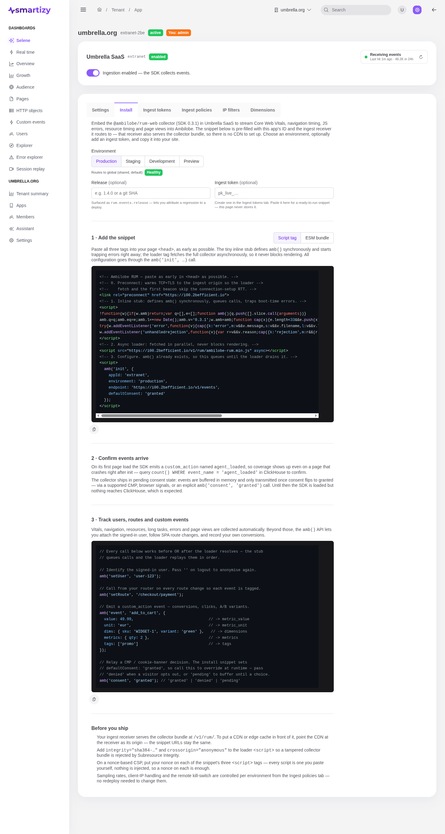 The Install tab showing the script-tag snippet