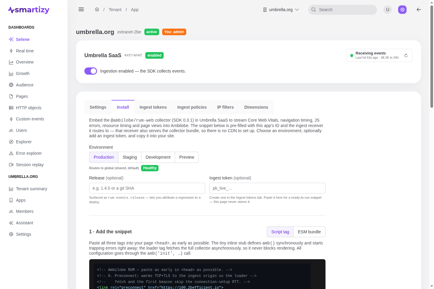 The Install tab showing the copy-paste snippet