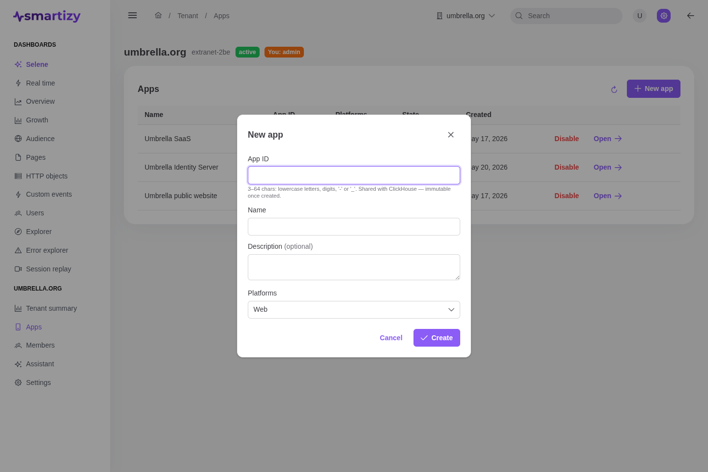Creating a new app in the Smartizy console