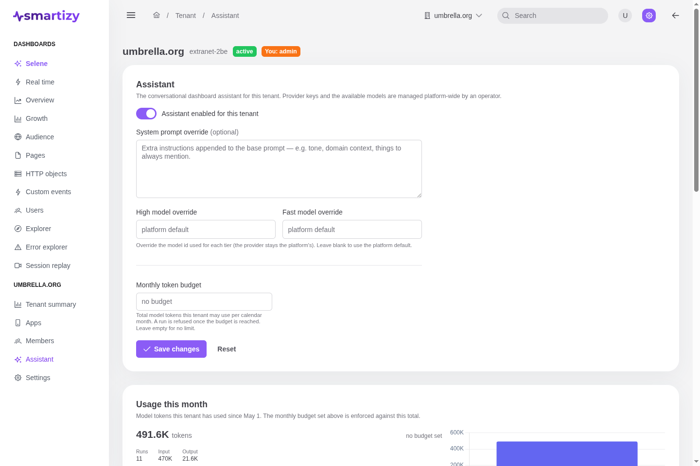 The tenant Assistant settings: enable, prompt override, model overrides, budget